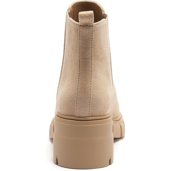 Womens Nude Suede Chelsea Boot Elastic Chunky Block Heel Platform Lug Sole Ankle - Picture 5 of 7